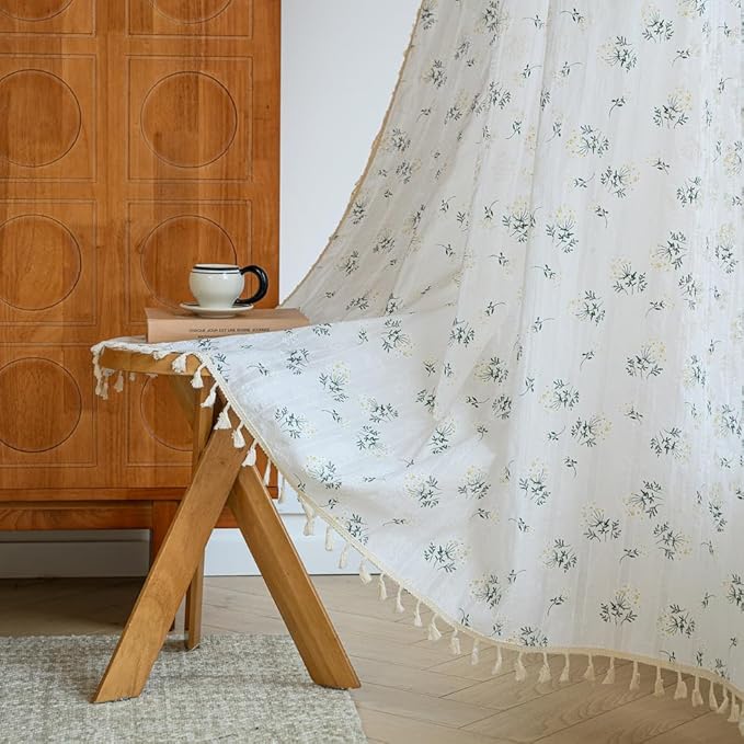 OYX Boho Curtains 63 Inch Length 2 Panels for Living Room, Bedroom Light Filtering Drapes, Farmhouse Vintage Country French Rustic Tassels Pattern Rod Pocket Aesthetic Decor Window Treatments