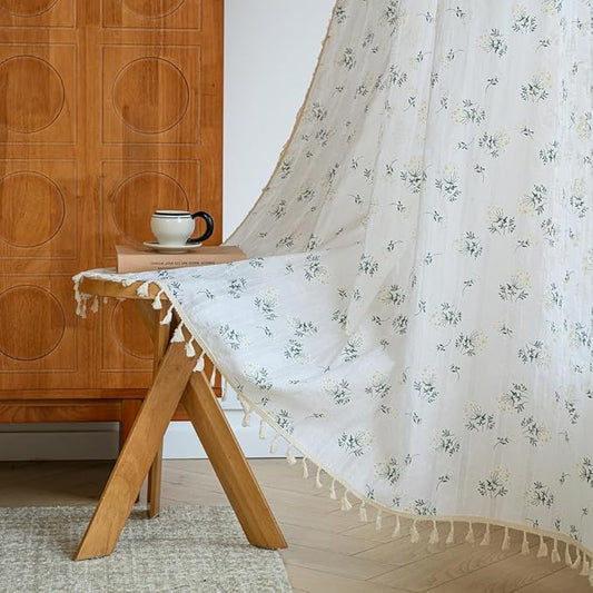 OYX Boho Curtains 84 Inch Length 2 Panels for Living Room, Bedroom Light Filtering Drapes, Farmhouse Vintage Country French Rustic Tassels Pattern Rod Pocket Aesthetic Decor Window Treatments