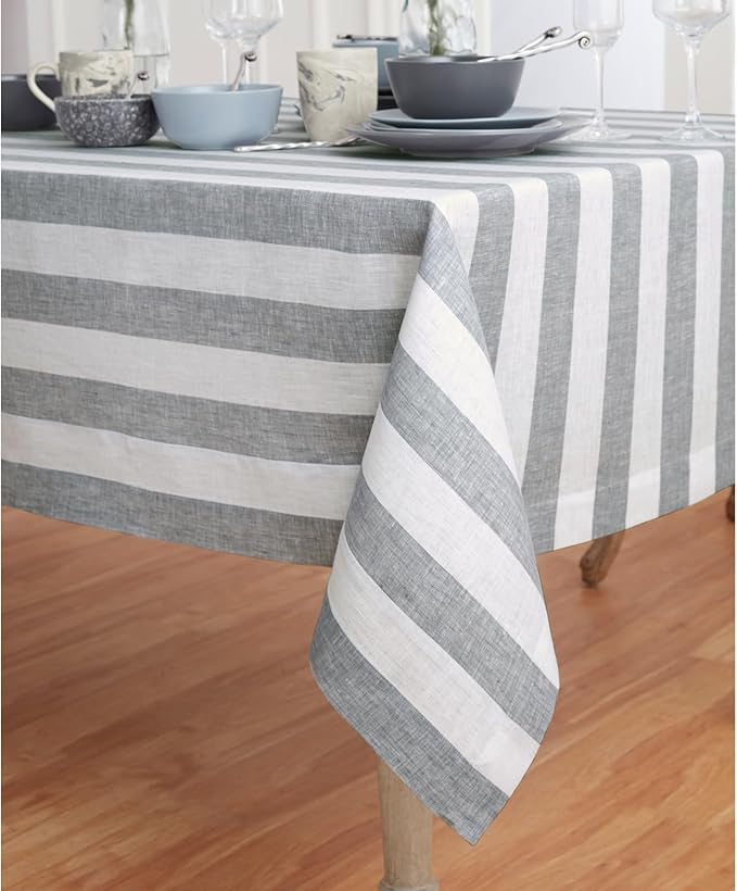 Solino Home Linen Tablecloth 60 x 120 Inch - Cabana Stripe 100% Pure Linen Grey and White Table Cloth for Rectangle Tables - Machine Washable Tablecloth for Fall, Autumn, Thanksgiving, Christmas