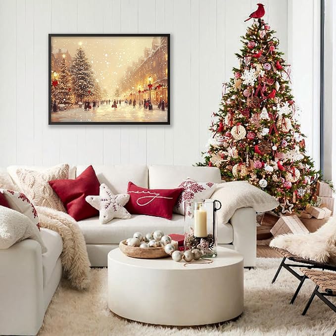 Winter Christmas Landscape Wall Art Fashion Snowscape Poster Vintage Cozy Scenic Canvas Prints 12x16 inch Black Framed for Living Room Office Wall Decor