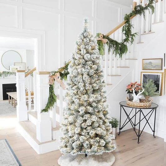 Glitzhome 7.5ft Prelit Christmas Tree, Artificial Christmas Tree with 350 Warm White Lights, Flocked Pencil Christmas Tree and Foldable Metal Stand for Home, Office, Party Decoration, Easy Assembly
