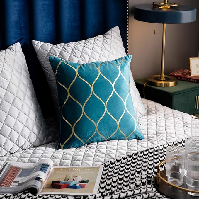 18x18 Inch Gold Velvet Throw Pillow Covers: 2 Pack Square Decorative Pillow Cases for Bedroom Sofa Couch Living Room, Turquoise
