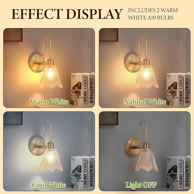 Wall Sconce Set of 2, Gold Vintage Light Fixtures with Long Amber Glass Lampshade, Hardwired Sconces Wall Lighting for Bedroom, Bathroom, Living Room | Includes 2 LED Bulbs
