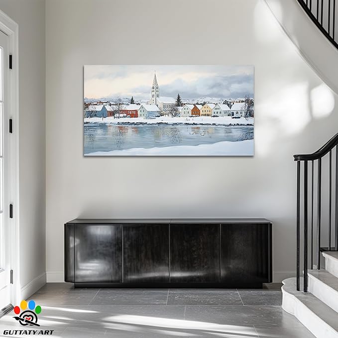 GUTTATY Christmas Winter Scene Canvas Wall Art, Snowy Village Houses & Church Wall Decor, Serene Winter Pictures, Holiday Wall Prints for Living Room, Bedroom, Office, 60x30 Inch