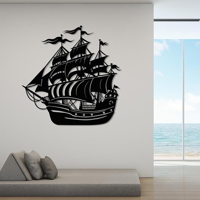 Ghost Sailboat Metal Wall Art, Nautical Adventure Ship Silhouette Metal Decor for Living Room, Bedroom, or Office, Maritime-Inspired 3D Effect Wall Sculpture, Perfect for Coastal and Rustic Home Décor (18x18 inches)