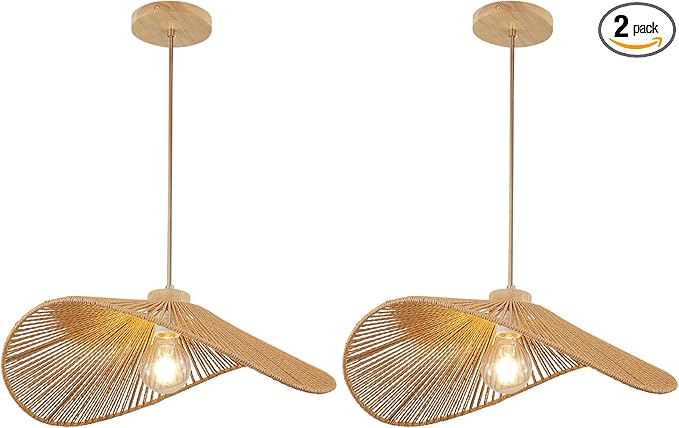 Boho Rattan Pendant Light Fixture Modern Style Hanging Light Bohia Natural Bamboo Handmade2-Light Hanging Lamp for Farmhouse Bedroom Living Room Dining Room S Size