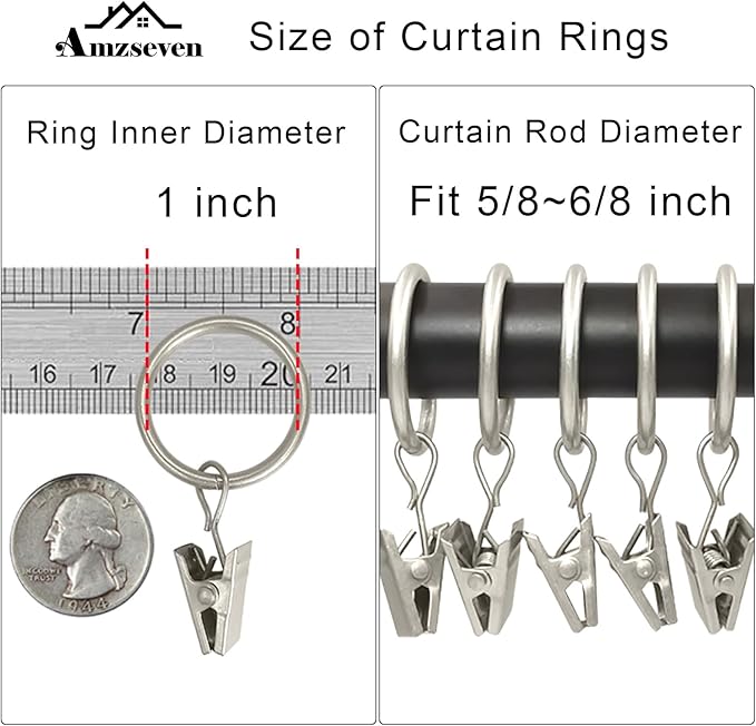 100 Pack Metal Curtain Rings with Clips, Drapery Clips with Rings, Drapes Rings 1 inch Inner Diameter, Fits Diameter 5/8 inch Curtain Rods, Matte Silver