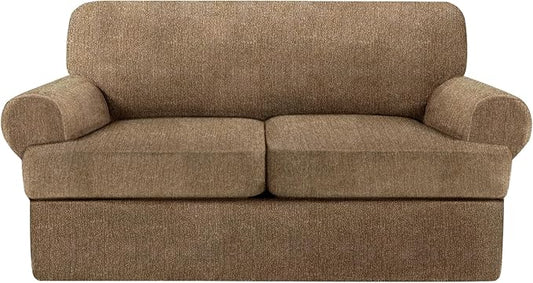 T Cushion Loveseat Slipcover 3 Pieces Sofa Covers for T Cushion Sofa Stretch Slip Covers for 2 Cushion Couch with 2 Individual T Shape Seat Covers (Brown, 2 Cushion)