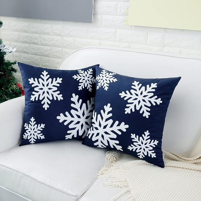HWY 50 Navy Blue Decorative Throw Pillow Covers 18x18 Inch for Couch Sofa Bed, Soft Square Throw Pillows Cases Cushion Cover with Christmas Snowflakes Print Pack of 2