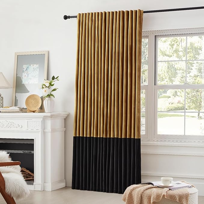Velvet Curtains 108 inches Long for Living Room Gold Black,2 Panels Blackout Curtains Modern Color Block Back Tab Rod Pocket Soundproof Drapes for Bedroom Window Decor