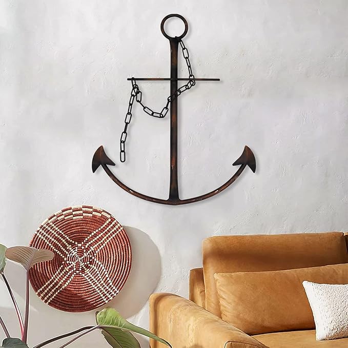Nautical Anchor Wall Decor, Antique Metal Anchor Art Wall Decor With Chain for Bedroom Living Room Dorm Home/13" Antique Anchor with Chain Wall Decor, Antique Metal Anchor Farmhouse Decor (Vintage)