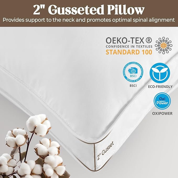 Bafode Goose Feathers and Down Pillows, Pillows Queen Size Set of 2, Cotton Cover,Gusseted Hotel Collection Bed Pillow for Back, Stomach or Side Sleepers