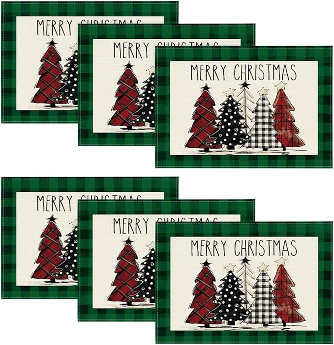 Artoid Mode Waterclor Green Buffalo Plaid Christmas Trees Placemats Set of 6, 12x18 Inch Winter Table Mats for Outdoor Home Party Kitchen Dining Decor