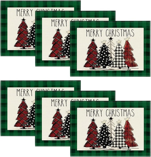 Artoid Mode Waterclor Green Buffalo Plaid Christmas Trees Placemats Set of 6, 12x18 Inch Winter Table Mats for Outdoor Home Party Kitchen Dining Decor