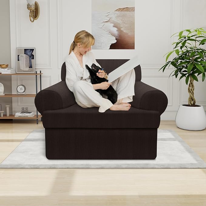 Waterproof Chair Cover with Arms 2-Piece Set Striped Slipcover for 1 Separate T Cushion Couch - TPU Fabric Armchair Covers Leakproof Couch Protector for Kids, Pets(Chair, Coffee)