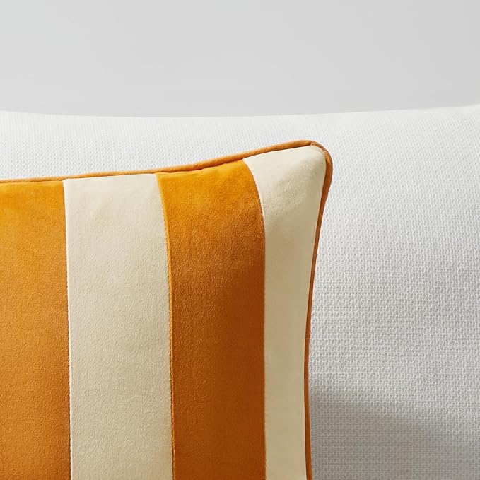 MONDAY MOOSE Decorative Throw Pillow Covers Cushion Cases, Set of 2 Soft Velvet Striped Piping Edge Designs, Pillow Inserts Not Included (Honey/Cream, 18x18 inch)