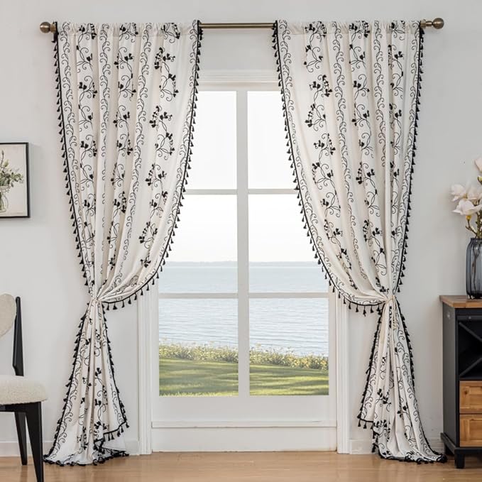 F-CHU Bohemian Floral Curtains 63 Long Patterned Curtain for Bedroom Cotton Linen Blend Farmhouse Style French Country Black Floral and Plant Designs Kitchen Curtains 55" W x 63" L