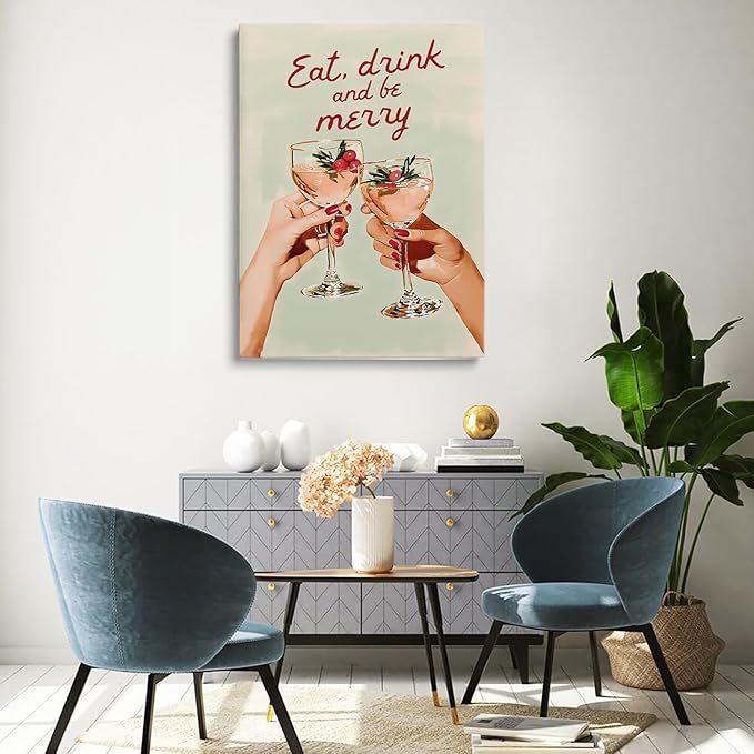Trendy Christmas Bar Cart Art Print: Eat Drink Be Merry Poster,Christmas Bar Cart Prints,Drink Poster,Cheers Xmas Woman Painting
