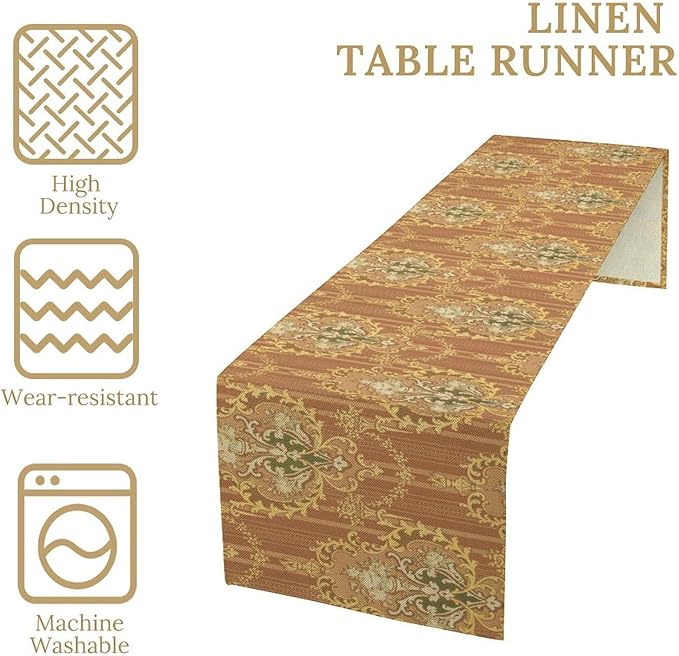 Damask Table Runner, Floral Victorian Antique Motifs Pattern Inspired Tile Table Runner for Kitchen Dining Weddings Party Decor 13x108in