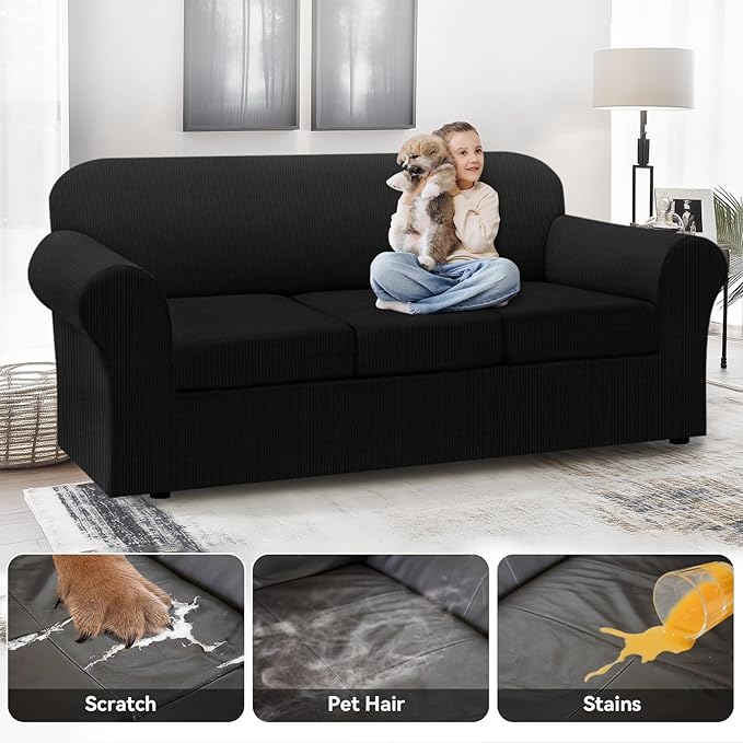 100% Waterproof Extra Large Couch Cover 4-Piece Set Striped Sofa Slipcovers for 3 Cushion Couch Covers with TPU Leakproof Bottom Stretch Protector Pet Proof - Sofa(3-Cushion), Black