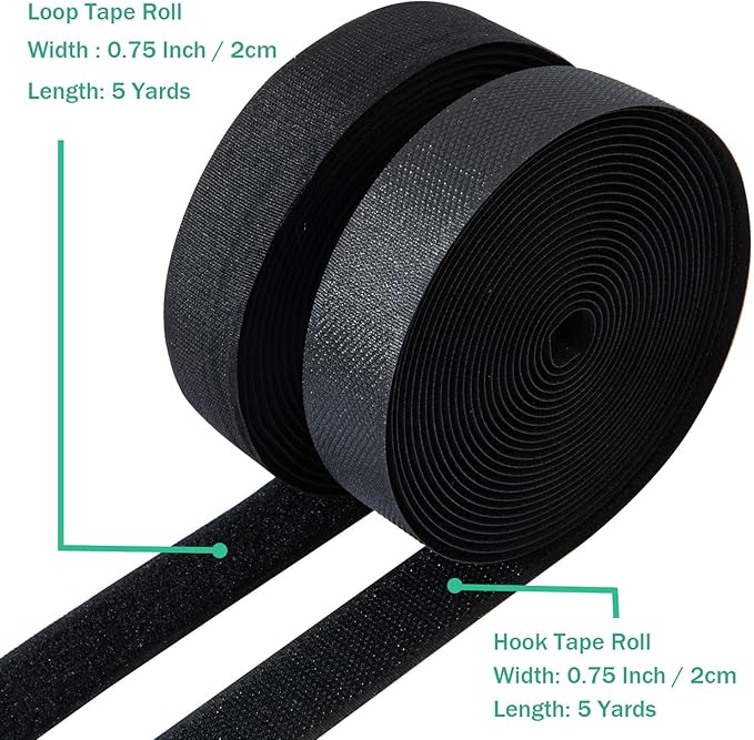 3/4 Inch Sew on Hook and Loop Strips | Easy to Sew | Excellent Grip | Non-Adhesive Back Nylon Fabric Fastener Strips for Clothing Sewing Crafts and DIY Projects, Black, 3/4in x 5yd