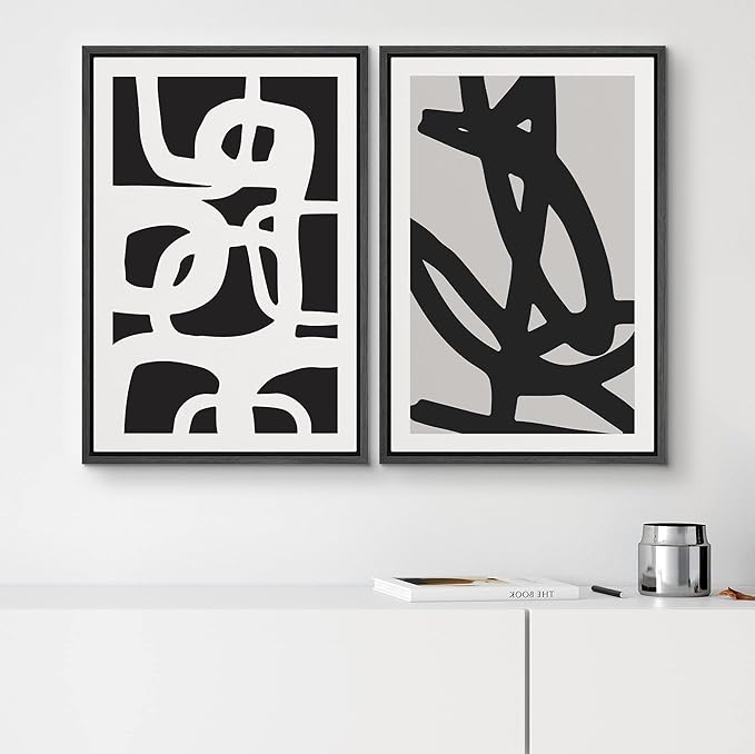 SIGNWIN Framed Canvas Print Wall Art Set Black White Geometric Dark Ring Collage Abstract Shapes Illustrations Modern Art Minimal Boho Relax/Calm for Living Room, Bedroom, Office - 24"x36"x2 Black