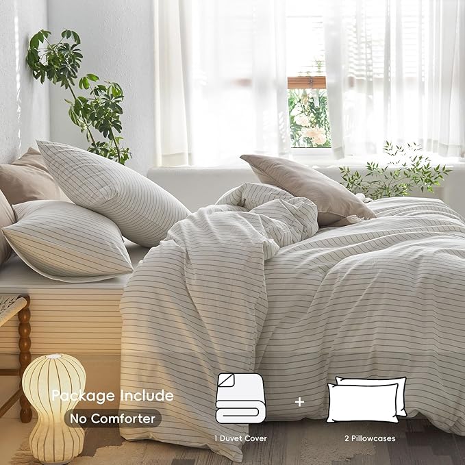 MooMee Striped Duvet Cover Set 100% Washed Cotton Linen Like Textured Breathable Durable Soft Comfy (White Sage Green Wide Stripes, Full 80"x90")