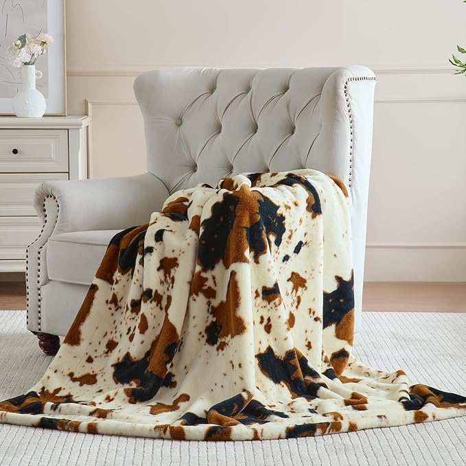 Krifey Faux Fur Blanket for Couch, Soft Bed Throw, Cozy Fuzzy Plush Thick Warm Blanket, Faux Rabbit Fleece, Christmas Birthday Gifts for Girls Women Mom Men, Dorm Room Decor, Animal Cow Print, 50x60in