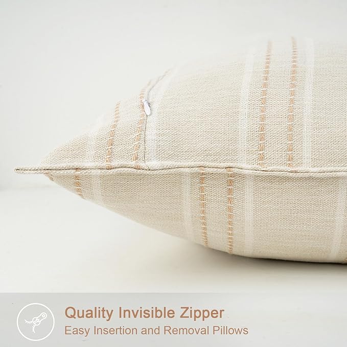 18X18 Decorative Farmhouse Linen Throw Pillow Covers, Boho Textured Pillow Case Set of 2 ,Beige with White & Brown Stitch Yarn Dyed Stripe Cushion Cover ,Modern Accent Square Pillowcase for Sofa Couch