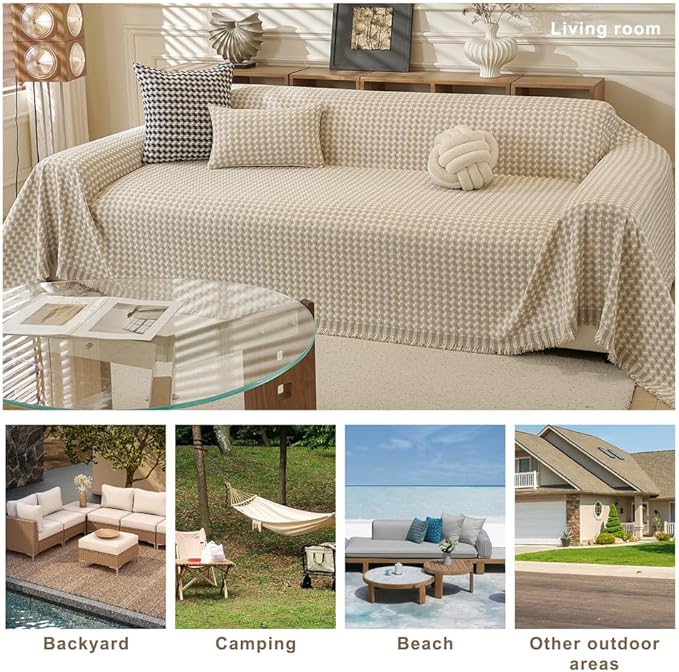 ROOMLIFE Thicked Checkered Boho Khaki Couch Cover for 2-3 Cushion Sofa, Chenille Sofa Slipcovers Sectional Sofas Covers for Dog, Non Slip Washable Furniture Protector Soft with Tassel 71''X134''