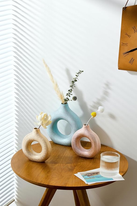 Modern Donut-Shaped Decorative Vases, Handmade Minimalist Boho ins Style, Modern Vase for Home Decor for Wedding Dinner Table Party Living Room Office Bedroom (Blue-Gold, Large + Small)