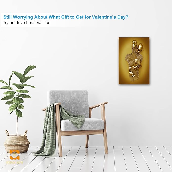 HIPOCAPO 3D Wall Art- Love Heart Metal Canvas Art, Gold Modern Abstract Hug Lovers Painting Picture Poster Prints for Bathroom, Romantic Couple Living Room Art Framed 12''x18''x1Pcs 3d Art-13