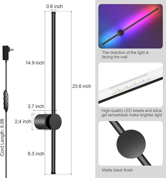 RGB LED Wall Sconces Set of Two with Remote, 15 Color Modes, Dimming, DIY 180° Rotate, Black Plug in Wall Sconces with Warm Light, Dynamic Multicolor Ambience Lights, Plug in Wall Light, 23.6 Inches