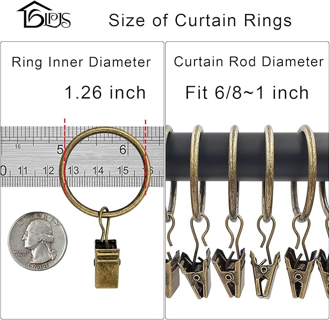 40 Pack Curtain Rings with Clips, Curtain Clip Rings Hooks, Bow Hanger Clips for Hanging Drapery Drapes Bows, Ring 1.26 inch Interior Diameter, Fits up to 1" Rod, Bronze