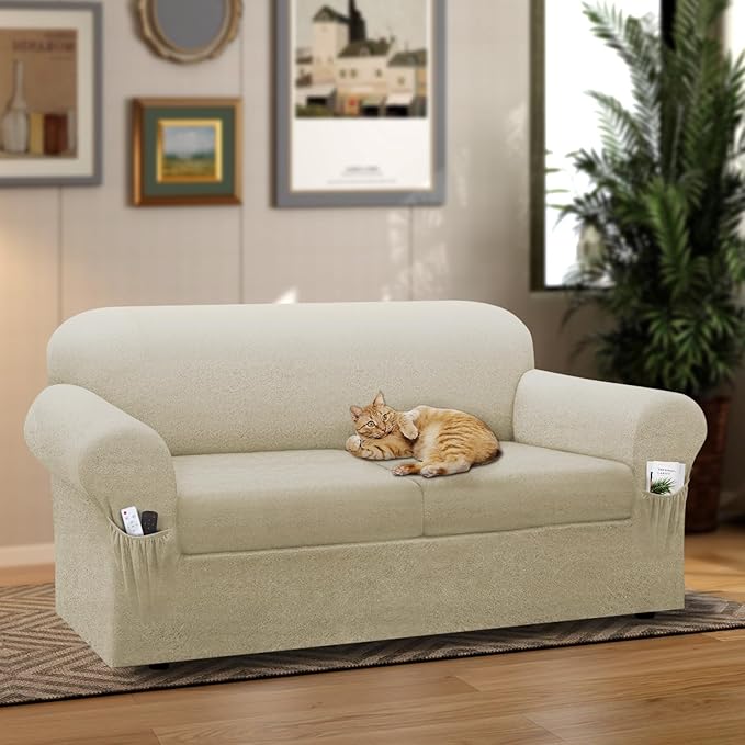Sofa Slipcover with Armrest Pockets 3-Piece Set, Stretch Faux Leather Couch Cover for 2-Cushion Couches(Fits 72-92") - Non-Slip, Machine Washable, Pet & Kid Friendly - Beige