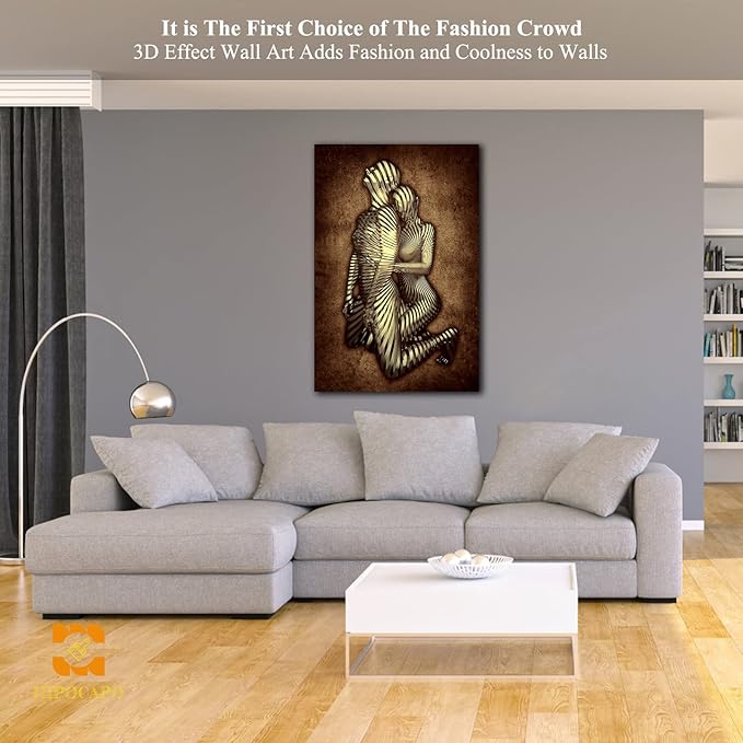 3D Metal Effect Canvas Wall Art- Gold 3D Metal Canvas Art Silver 3D Canvas Art Wall Decor for Modern Living Room, Romantic Couple Living Room Canvas Wall Art Framed 24”x36”x1Pcs