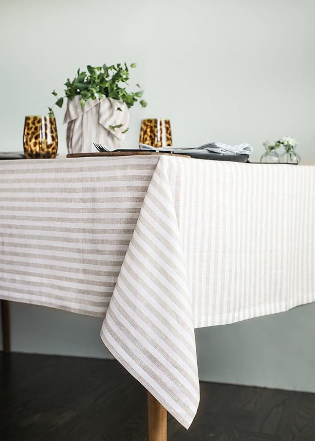 Solino Home Linen Tablecloth 60 x 120 Inch - Amalfi Stripe 100% Pure Linen Natural and White Table Cloth for Rectangle Tables - Machine Washable Tablecloth for Fall, Thanksgiving, Christmas, Holiday