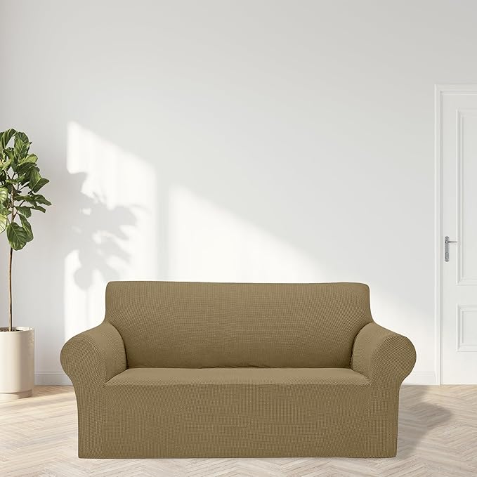 Cupuamon 2025 New Stretch Loveseat Sofa Slipcovers Couch Cover for 2 Cushion Furniture Protector Sofa Covers with Elastic Bottom Jacquard Fabric Small Checks for Pets, Kids - Tan