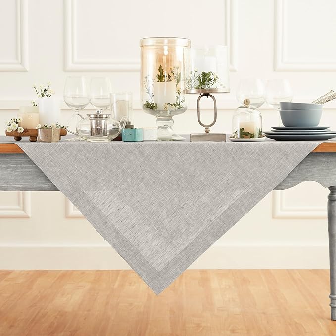Solino Home Linen Tablecloth 52 x 52 Inch - 100% Pure Linen Square Table Throw - Athena, Machine Washable Oyster Grey Tablecloth for Fall, Autumn, Thanksgiving