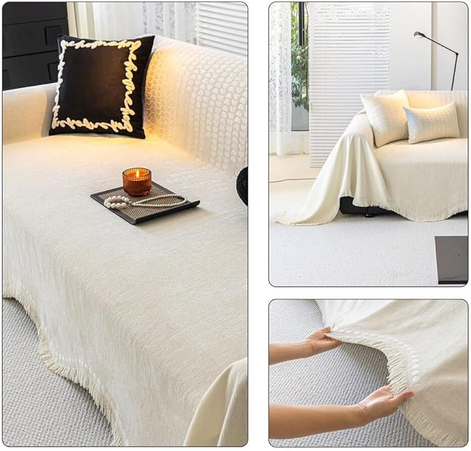 ROOMLIFE Boho White Couch Cover for Dogs, Washable Non Slip Furniture Protector Couch Sofa Covers for 3 Cushion Couch, Soft Chenille Couch Cover Throw Blanket with Tassels 71''X118''