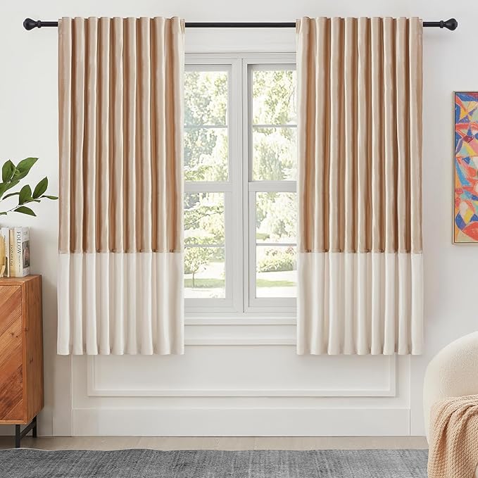 Velvet Curtains for Living Room Champagne Ivory 72 inches Long,2 Panels Blackout Curtains Modern Color Block Back Tab Rod Pocket Soundproof Drapes for Bedroom Window Decor