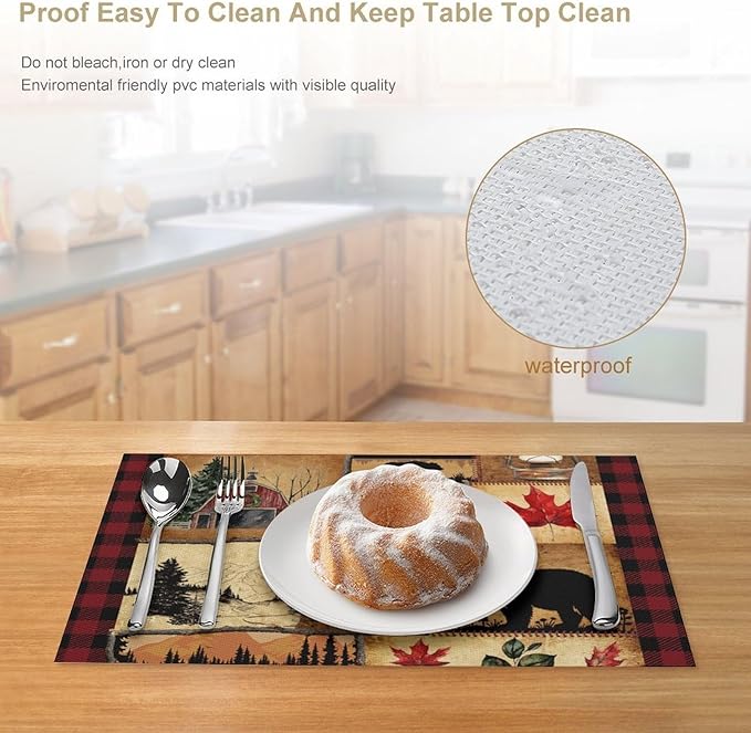 Retro Bear Placemat Set of 6, 12x18 Inch Rustic Farmhosue Green Buffalo Plaid Wildlife Paw Print Forest Tree Cabin Country Lodge Coffee Table Mats for Outdoor Kitchen Dining Table Decoration