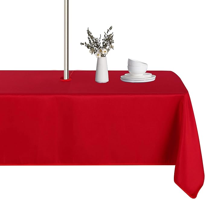 LUSHVIDA Rectangle Outdoor Tablecloth with Umbrella Hole and Zipper, 60x102 Inch Red, Washable Waterproof Table Cloth Spill Proof Wrinkle Free Table Cover for Patio Spring Summer Picnic BBQS