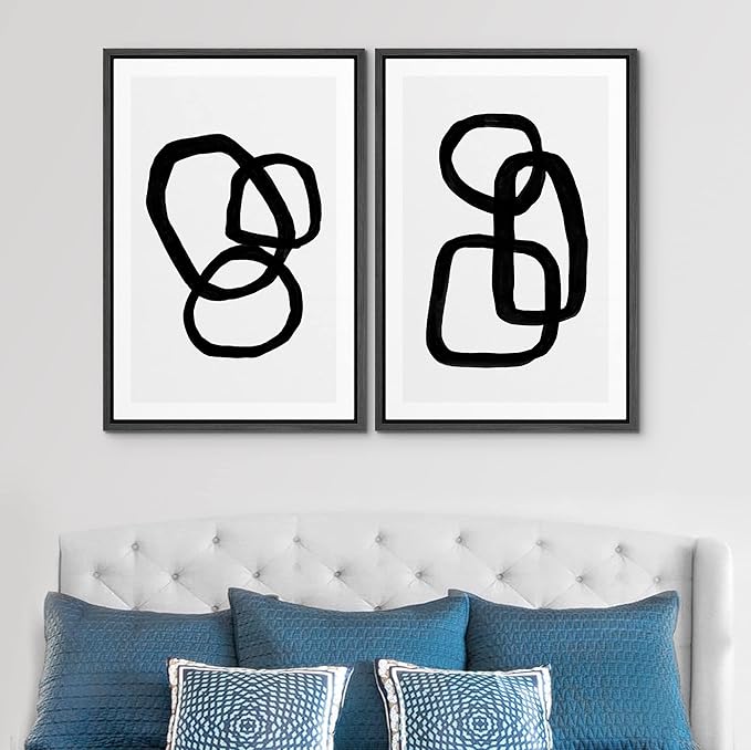 SIGNWIN Framed Canvas Print Wall Art Set Mid-Century Geometric Ring Collage Abstract Shapes Illustrations Modern Art Minimal Boho Relax/Calm for Living Room, Bedroom, Office - 16"x24"x2 Black