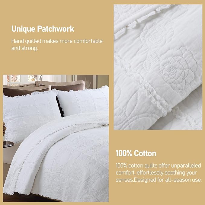 DURLENGEN White Rose Patchwork 100% Cotton King Quilt 3Pcs,White Patchwork with Rose Pattern,Luxury Lightweight Cotton Coverlet Sets for All Season(King 106x96,White Rose Patchwork)