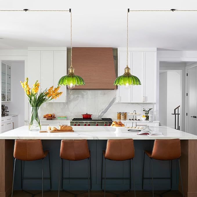 Plug in Pendant Light Fixtures: Hanging Lamp Plug in Green Glass Pendant Lamp, Hanging Light for Kitchen Island, Bedroom, Dining Room, Living Room, E26 No Bulb