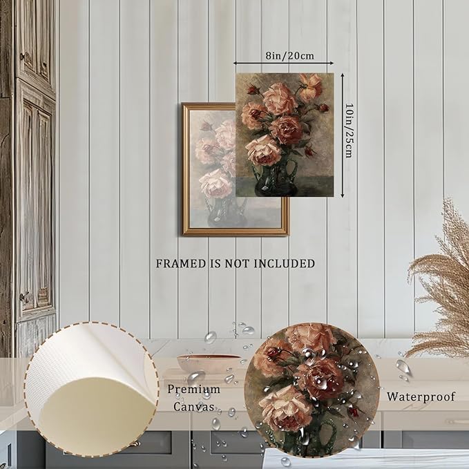 XOCUUI Wall Art For Living Room Unframed Wall Decorations Rose In Vase Home Wall Art Decor Flower Pictures for Living Room Bathroom Kitchen Wall Decor 8x10in
