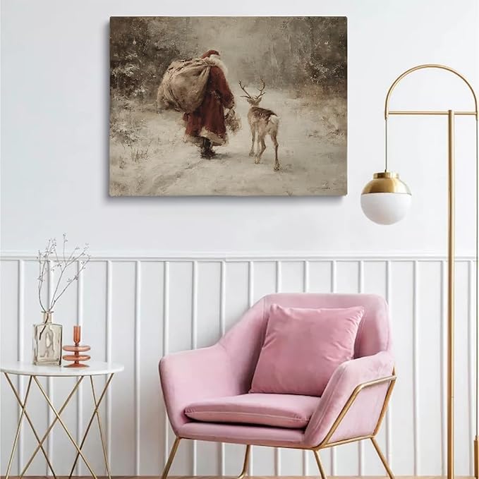 Rustic Reindeer Wall Art,Vintage Santa Claus Print,Antique Christmas Painting,Cozy Winter Scene Decor,Old World Holiday Print