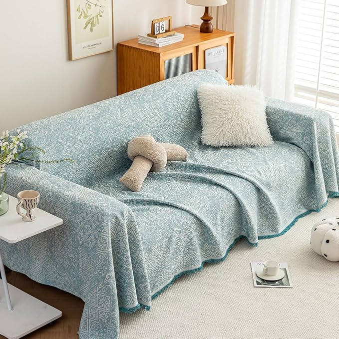 ROOMLIFE Blue Couch Cover Boho Sofa Covers for 3 Cushion Couch Washable, Furniture Protector Sofa Couch Cover for Dogs, Soft Breathable Sofa Slipcover, Couch Throw Blankets with Tassels 71''X134''