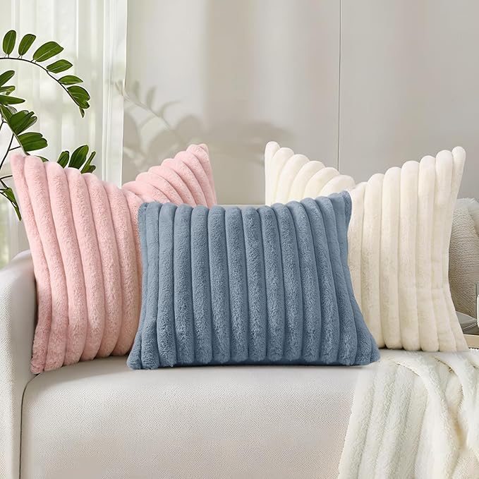 decorUhome Faux Fur Christmas Throw Pillow Covers 24x24 Set of 2, Decorative Soft Plush Striped Neutral Couch Euro Pillow Covers with Velvet Back for Sofa, Bed, Living Room Home Decor, Cream White